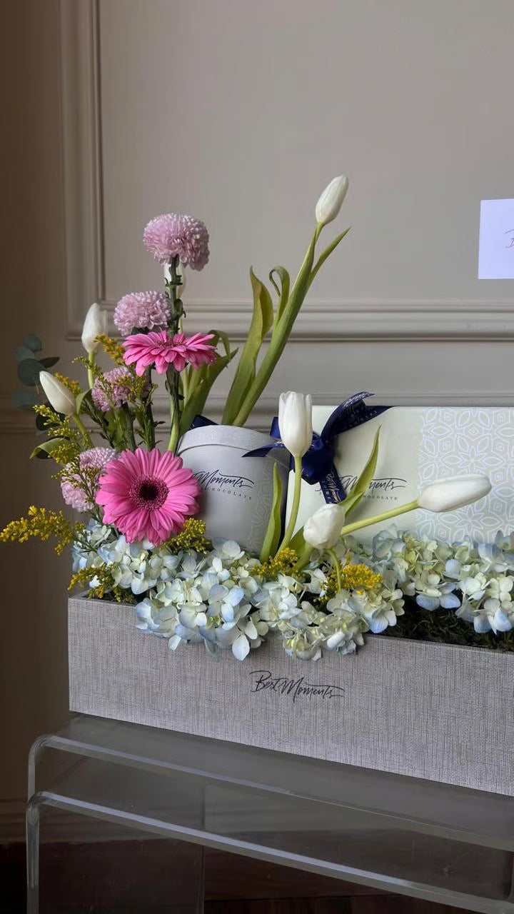 Flowers Stand arrangement with mini box of chocolate